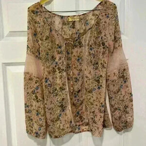 Princess Vera Wang Womens Top Brown XS Gauzy Boho Floral Print Lace Panels EUC